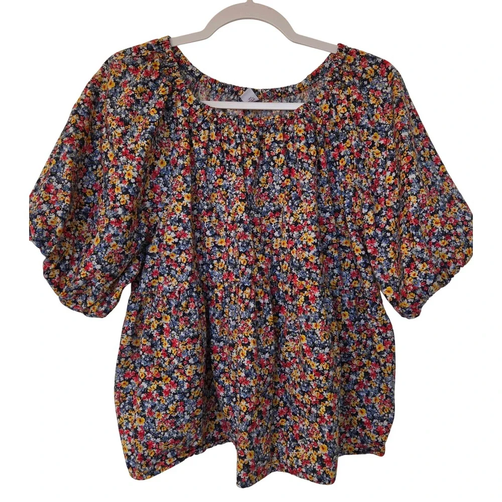 Old Navy Floral Puff Sleeve Peplum Babydoll Top 1X Cottage Peasant Prairie Boho